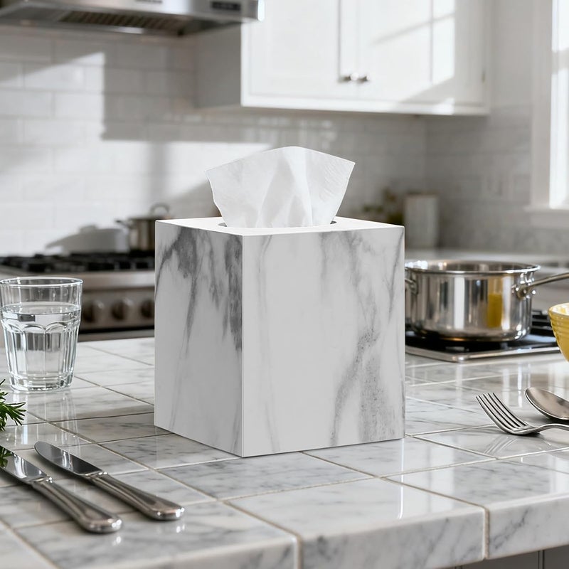 Chintu 2 Pack Marble Tissue Box Cover, Square Acrylic Tissue Holder, Decorative Facial Tissue Box Vessel Cube Paper Organizer Dispenser for Bathroom Office, Night Stand, Desk, Car, Vanity, Countertops - Image 3